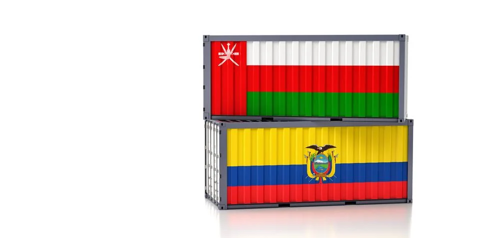 Two freight container with Oman and Ecuador national flag. Stock Illustration