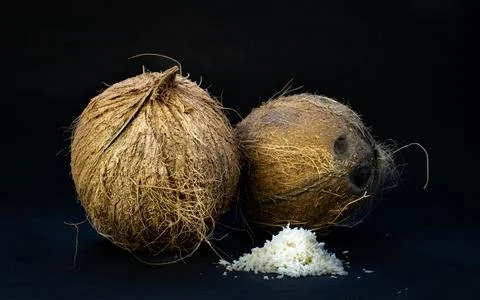 Two fresh coconuts and the coconut shavings Stock Photos