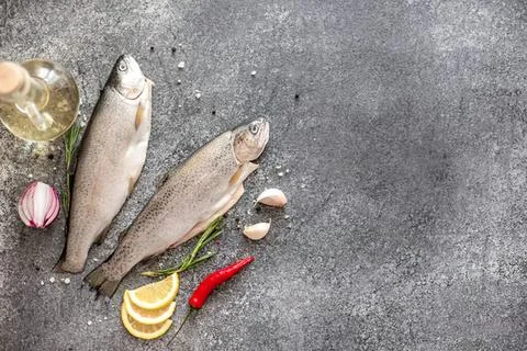 Two fresh fish with lemon slices garlic and chili on gray surface Stock Photos