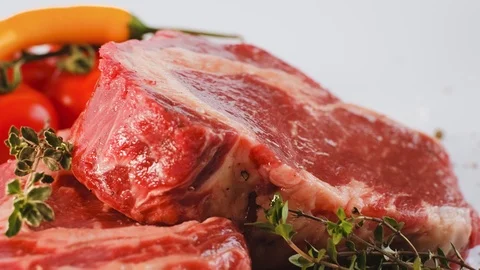 Two fresh marbled beef steaks Video stock 107584483