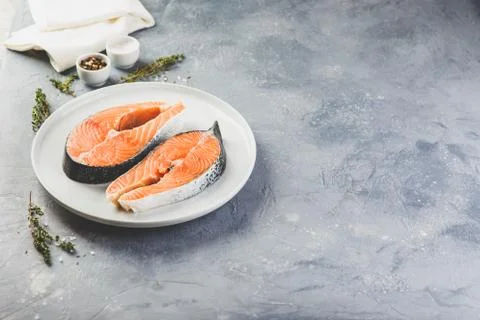 Two fresh raw salmon steaks Stock Photos