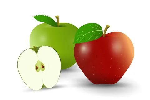 Two fresh red and green apples with one half sliced green apple in smooth s.. Stock Illustration