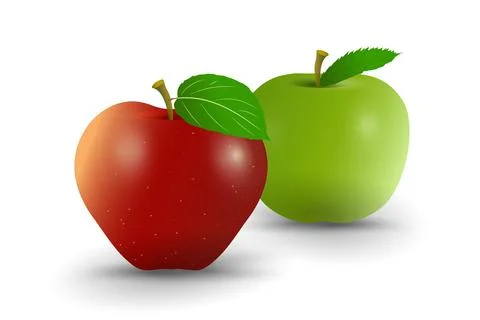 Two fresh red apples with a smooth surface and a single green leaf attached.. Stock Illustration