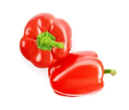 Two fresh red bell pepper vegetables, sweet raw paprika food. Isolated on a.. Stock Photos