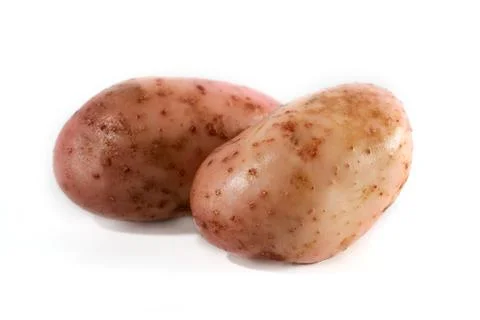 Two fresh red potatoes on a white background Stock Photos