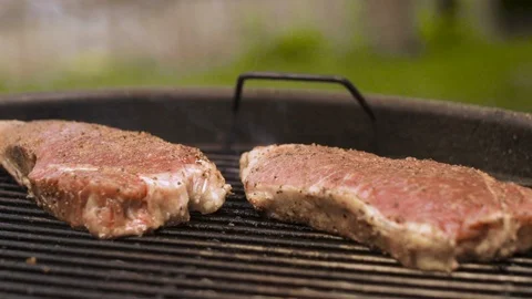 Two Fresh Steaks on the Grill Stock Footage 91448962