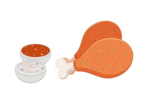 Two fried chicken drumsticks with two bowls of dipping sauce Stock-Illustration
