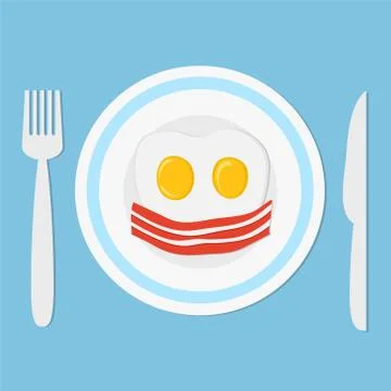 Two fried eggs and bacon on plate with fork and knife like breakfast concept, Stock Illustration
