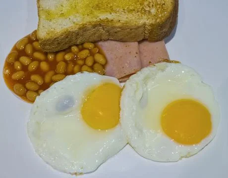Two fried eggs, beans, ham and toast. Stock Photos