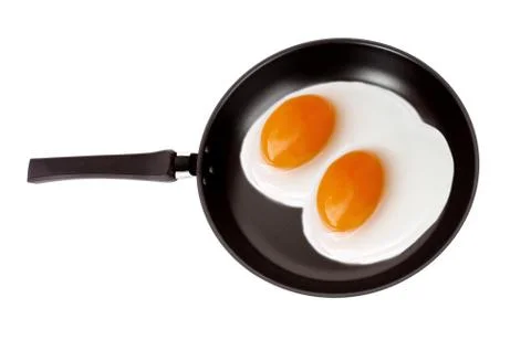 Two fried eggs on a pan isolated on white background Stock Photos