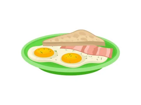 Two fried eggs, slice of bacon and toast bread on green plate. Tasty food Stock Illustration