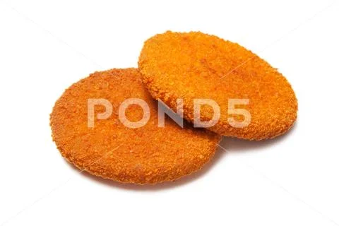 Two fried hamburger fish patties isolated on white Stock Photos