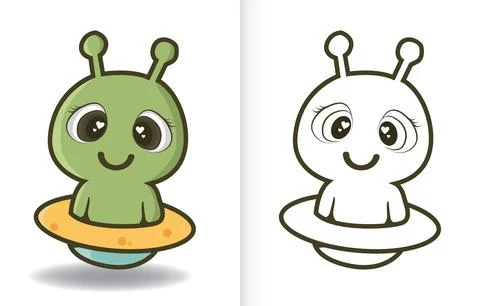 Two Friendly Cartoon Alien Characters in Color and Outline Versions Illustrazione stock