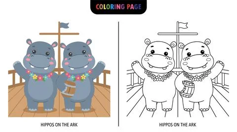 Two friendly cartoon hippos in leis on a ship deck. One holds a barrel. Inclu Stock Illustration