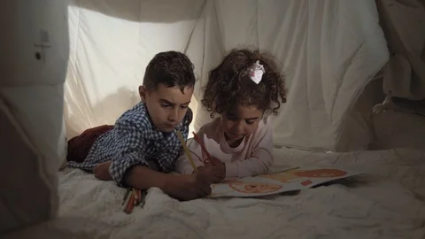 Two friendly cute mixed-race children brother and sister color the coloring Stock Footage 115576036