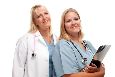 Two Friendly Doctors or Nurses Isolated on a White Background. Foto stock