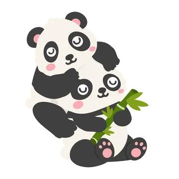 Two Friendly Pandas Hugging with Bamboo Stock Illustration