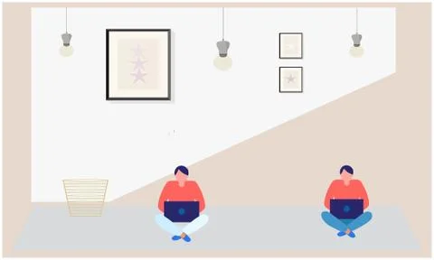 Two friends are sitting on the ground and working on laptop Stock Illustration