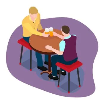 Two friends are sitting at the table and drinking beer. Stock Illustration