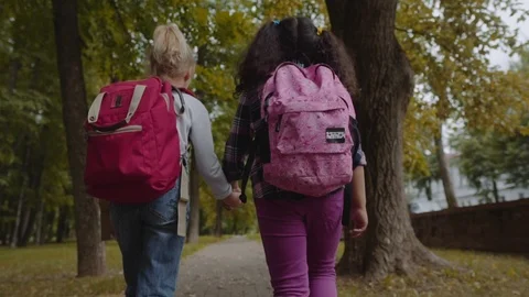 Two Friends With Backpacks Are Going to School. Back View of Mixed Racial Group Video stock 112670254