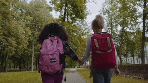 Two Friends With Backpacks Are Going to School. Back View of Mixed Racial Group Video stock 112670341