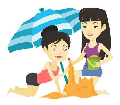 Two friends building sandcastle on beach Ilustración de archivo
