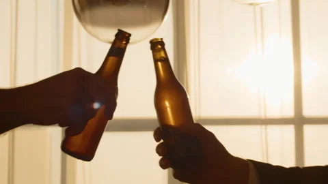 Two friends cheering with beer bottles. Sunset summer good vibes Stock Footage 302836771