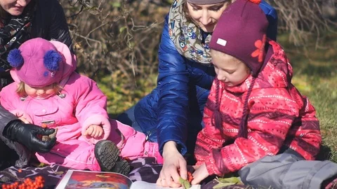 Two friends with children playing on the grass during a picnic in the autumn Stock Footage 87137281