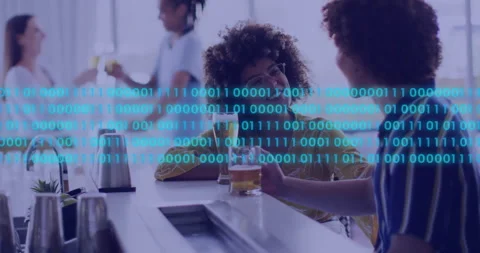 Two friends clinking beer glasses at bar as tech-themed cyan binary code Stock Footage 313093977