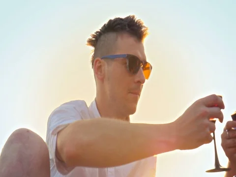 Two friends clinking wine glasses and drinking having picnic in park at sunset Stock-Footage 81994563