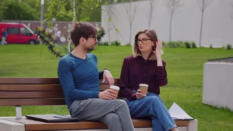 Two friends,  Coffee Break work Wearing Stock Footage 159416715