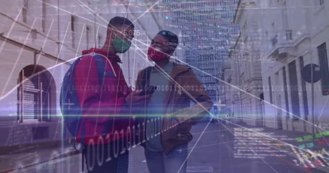 Two friends comparing finance via smartphone on urban street, with animated Stock Footage 308186272