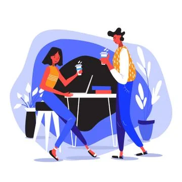 Two friends, couple, students or colleagues sitting in a nice cafe with plants Stock Illustration