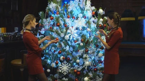 Two friends decorating a Christmas tree Stock Footage 71049032