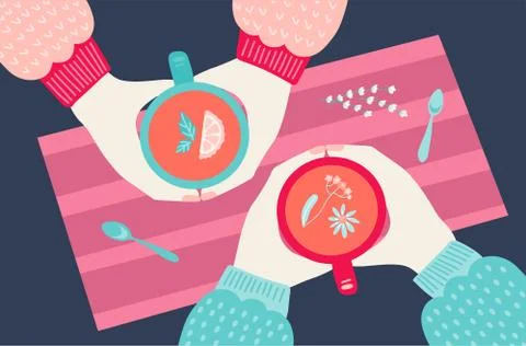 Two friends drinking tea. Winter Coffee Break with cozy Cup and Mug. Top view Stock Illustration