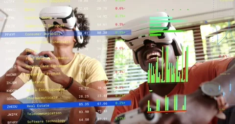 Two friends grabbing VR controllers or headsets, playing finance game with stock Stock-Footage 316607029