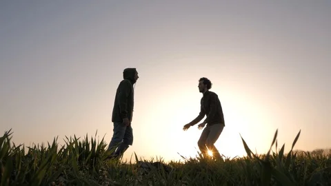 Two friends in green field Stock Footage 88414122