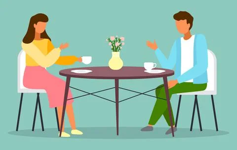 Two friends have lunch or dinner sitting at table, couple of guy and girl Stock Illustration