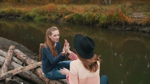 Two friends play hand-clapping game. On the logs. Autumn forest Stock Footage 69745800