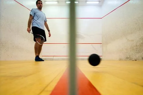 Two friends playing squash in Mutilva, Navarra, Spain Foto stock