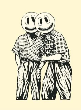 Two friends posing with emoticons instead of faces. Vector illustration. Stock Illustration