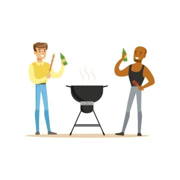 Two friends preparing barbecue on a grill and drinking beer vector Illustration Ilustración de archivo