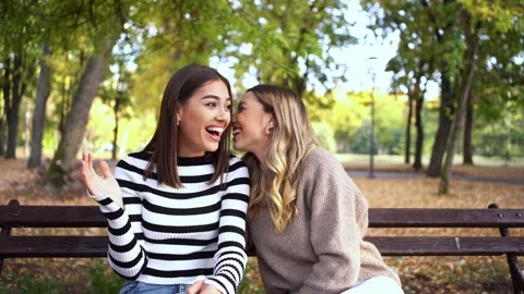 Two friends share laughter and stories in a vibrant park during autumn Stock Footage 289574749