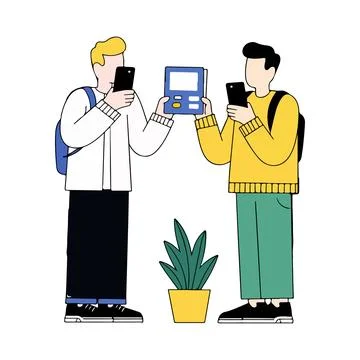 Two Friends Sharing a Tablet and Using Smartphones イラスト素材