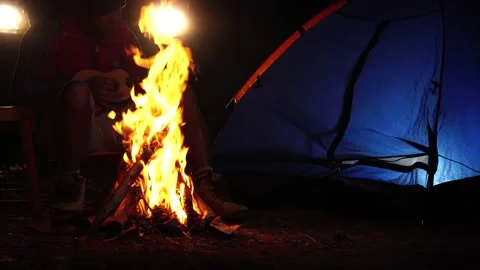 Two friends singing playing ukulele at forest night bonfire Stock Footage 228447052