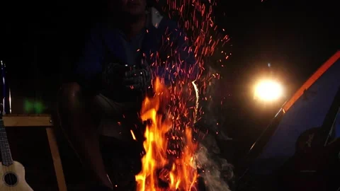Two friends singing playing ukulele at forest night bonfire Stock Footage 228447616