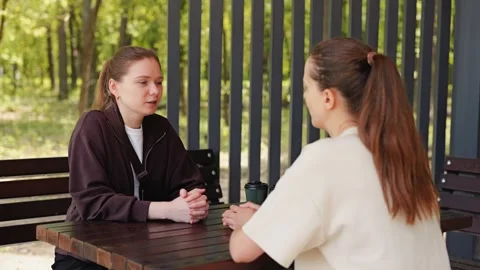 Two friends sit across from each other at a wooden table in a park. They engage Stock Footage 336446501