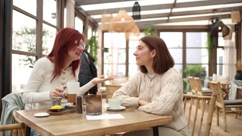 Two friends sit in a cozy cafe laughing  Stock Footage 320827237