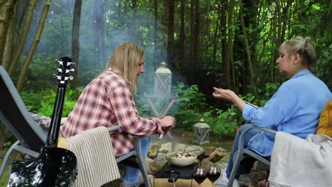 Two friends sitting around a fire in the summer, roasting vegetables, chatting a 스톡 동영상 277568494