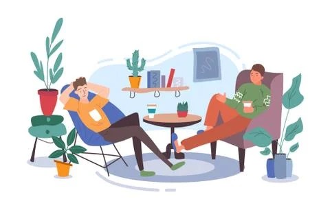 Two friends, students, workers or colleagues sitting in the comfortable chair Stock Illustration